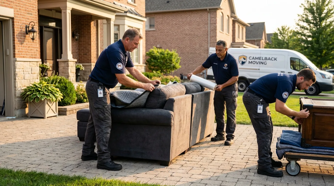 Large estate moving crew wrapping furniture in New Gloucester, ME