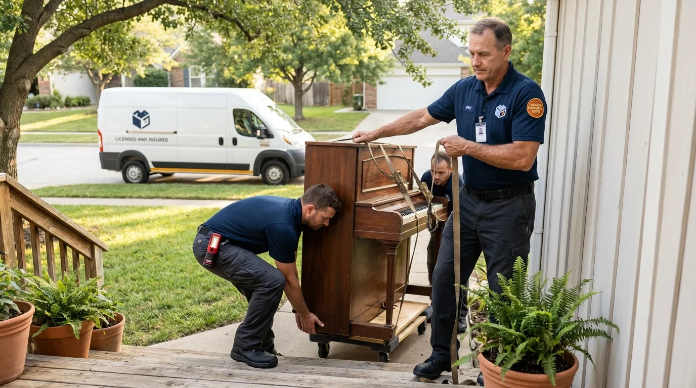 Licensed piano movers securing grand piano in New Gloucester, ME
