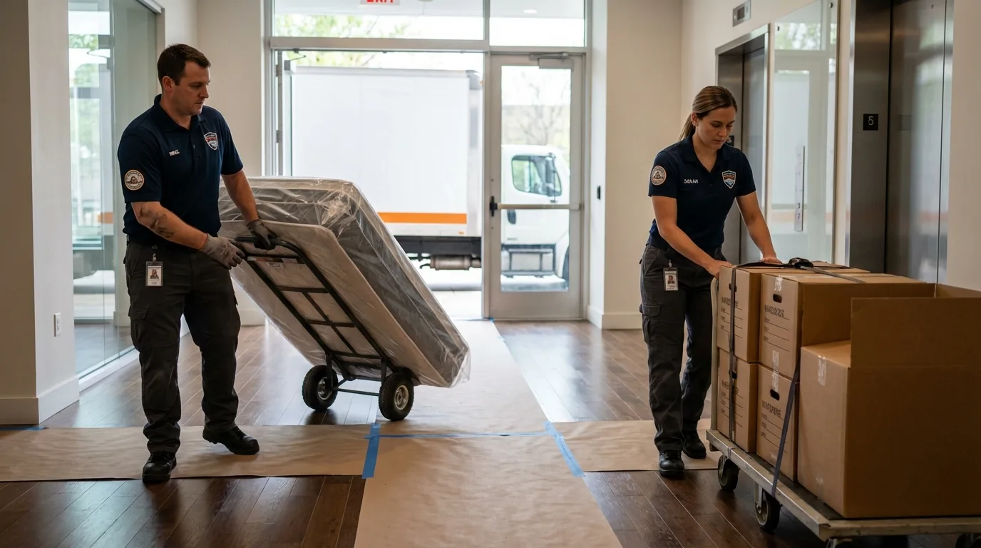 Professional apartment movers loading elevator in New Gloucester, ME