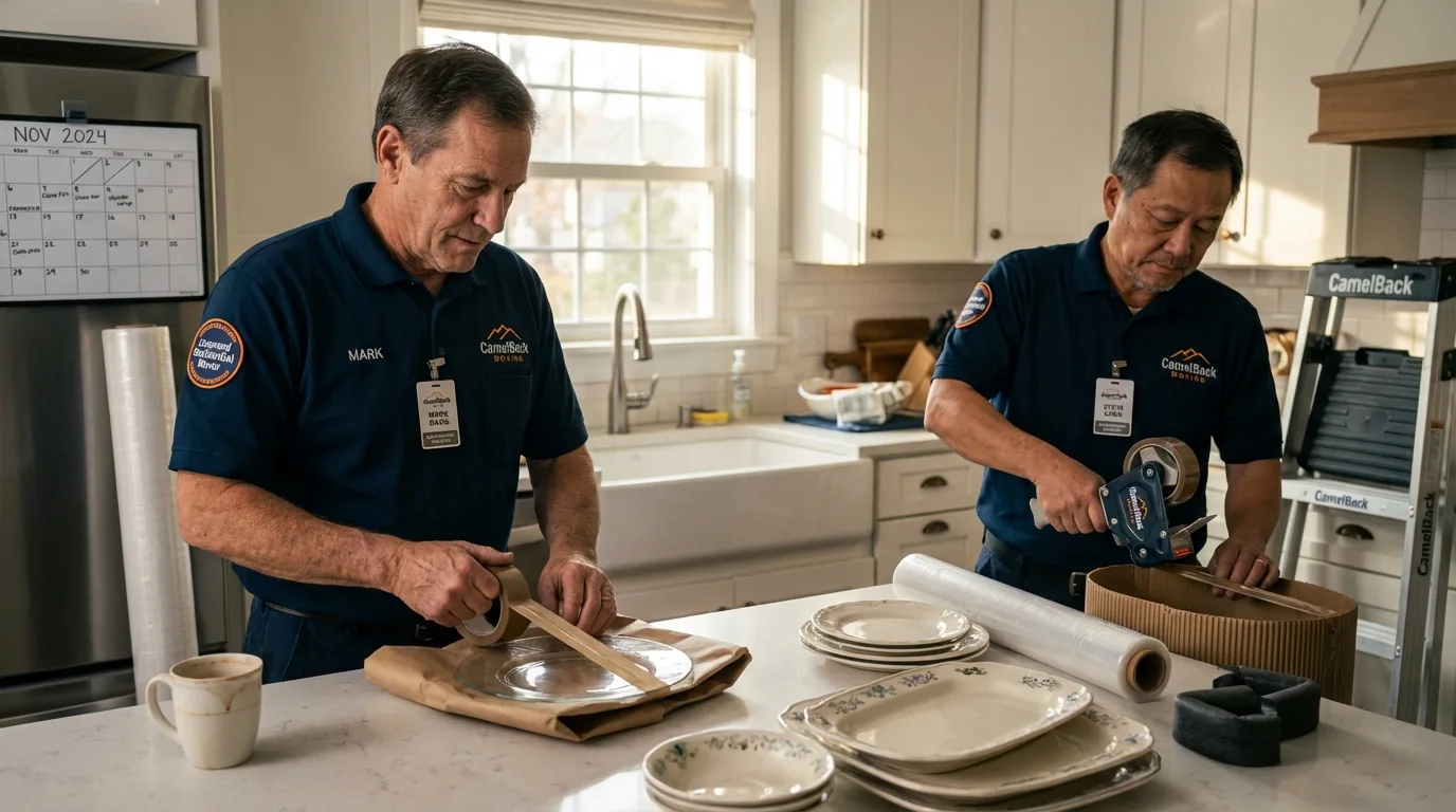 Professional crew packing kitchen dishware in New Gloucester, ME